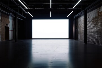 Blank white screen on dark brick wall in empty hall with dark glossy concrete floor and fluorescent lamps on walls