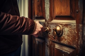 Burglary. thief breaks into country house, opens lock, criminal case - burglar breaking in - obrazy, fototapety, plakaty