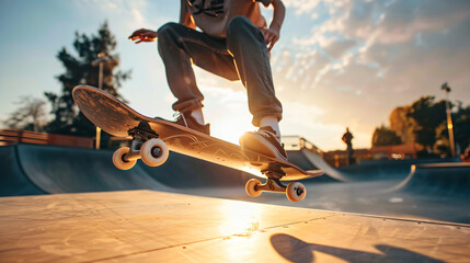 A skateboarder performing a trick at a skate park under the summer sun. - obrazy, fototapety, plakaty