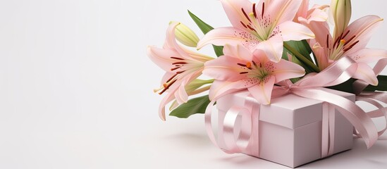 A white gift box adorned with delicate pink lilies sits on a white background, creating a simple yet elegant display.