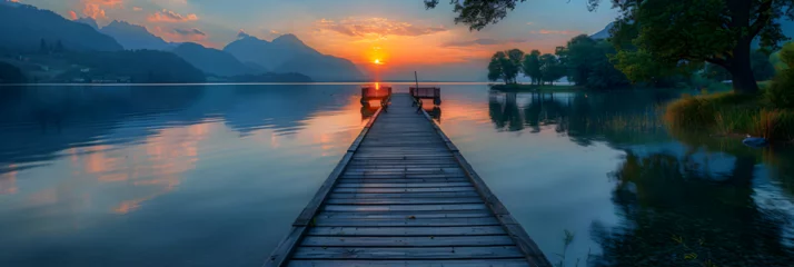 Poster Waterfront lake with smooth, Wooden jetty on a lake at sunset Beautiful summer landscape  © Imran