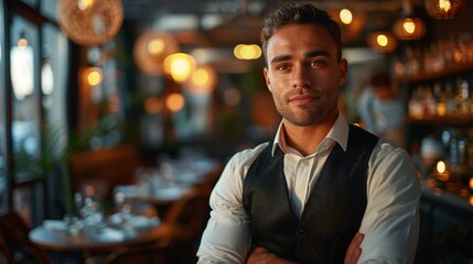 Charming young man with a friendly smile posing in a sophisticated bar with ambient lighting