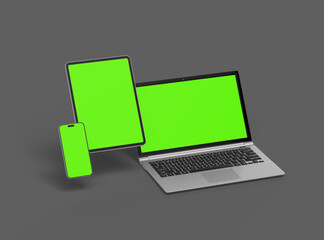 Mockup of laptop, tablet and smartphone on a grey background