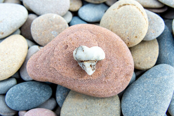 Fototapeta na wymiar Small Heart-Shaped Stone on Larger Pebble Amongst Others