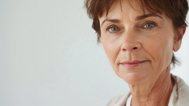 Closeup portrait of mature woman with short hair, serene facial expression, in light background.