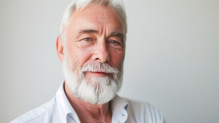 Elderly man with white hair, beard, and shirt looks at camera with gentle smile.