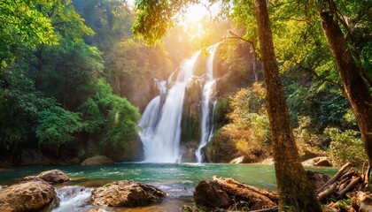 Fototapeta na wymiar A beautiful waterfall in forest, river flowing, the sun shining