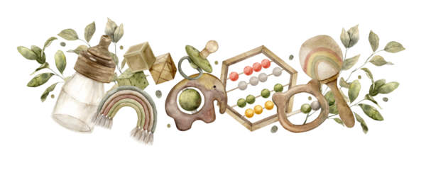 Watercolor composition of baby things, bottles, rattles, pacifiers, bills, cubes and greenery. Isolated hand drawn illustration for children's interior, cards, stickers, textiles, design, invitations