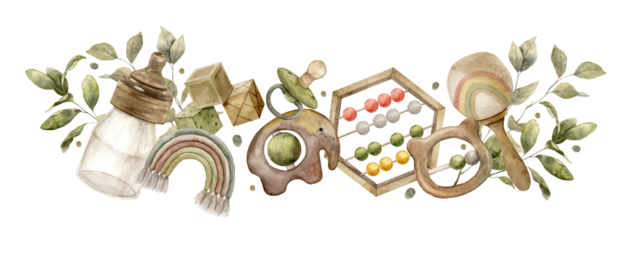 Watercolor composition of baby things, bottles, rattles, pacifiers, bills, cubes and greenery. Isolated hand drawn illustration for children's interior, cards, stickers, textiles, design, invitations - Powered by Adobe