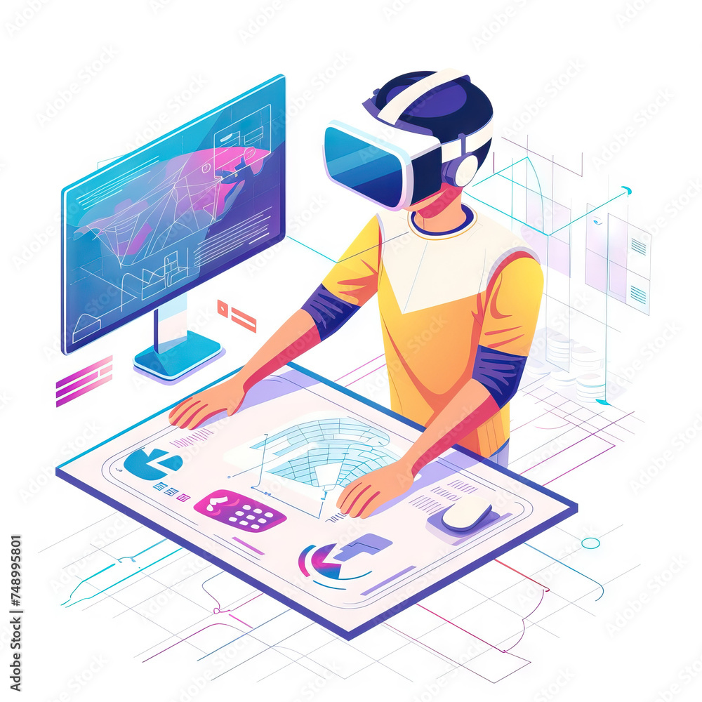 Poster virtual reality developer designing immersive experiences - vr lab. vector icon illustration. job ic