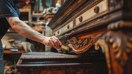 A craftsman meticulously restores details on classic wooden furniture - obrazy, fototapety, plakaty