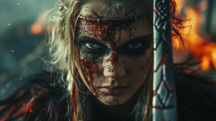 The image depicts a woman warrior covered in blood, showing a fierce and intense look - obrazy, fototapety, plakaty