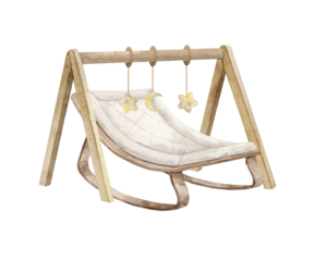 Wooden rocking chair for a baby, with a soft cushion and an arch with hanging stars. Isolated watercolor illustration for children's interior, cards, stickers, textiles, design, invitations, websites.