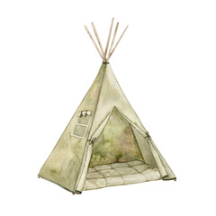 Children's green wigwam for kids to play. Tent with pillows and window. Isolated hand drawn watercolor illustration for children's interior, cards, stickers, textiles, design, invitations. © ValentinaSova