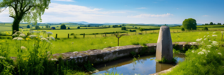 Tranquil Rural Scenery: Antique Stone Abreuvoir Amidst Green Countryside and Timeless Village - obrazy, fototapety, plakaty