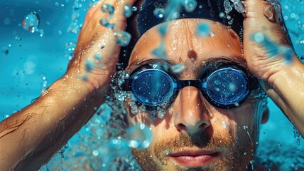 Swimmer adjusting goggles, water droplets captured in detail
