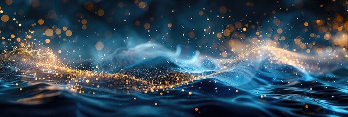 A close up of a wave in a body of water, abstract blue and golden banner design - obrazy, fototapety, plakaty
