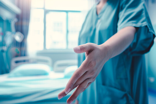 Close up image of nurse hand offering her hand to help you in the hospital