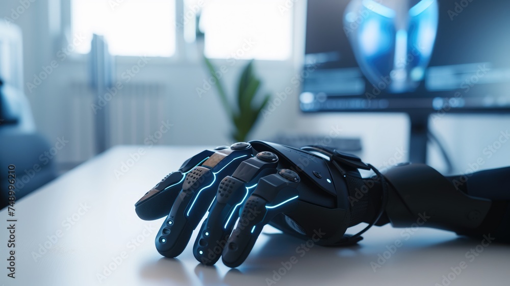 Poster a futuristic robotic hand rests on a desk with a computer in the background
