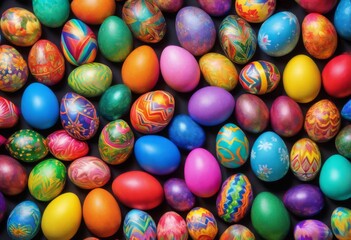 Fototapeta na wymiar Vibrant Close-up Photography of Richly Decorated Easter Eggs Featuring Intricate Patterns and a Multitude of Colors, seasonal, cultural, rainbow