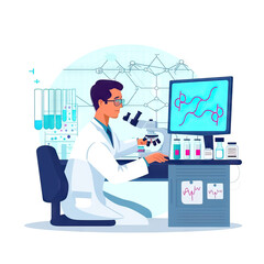 Bioinformatics Analyst Analyzing Genetic Data - Laboratory Vector Icon Illustration. Job Icon Concept Isolated Premium Vector. 