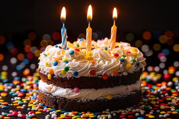 A delicious birthday cake with a candle on top. Layer cake with a festive feeling of the tradition of celebrating another year of life.