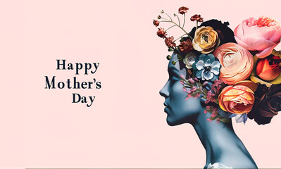 Mother's Day conceptual banner of side view portrait of woman with floral arrange on her head. Pink background with copy space