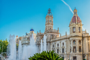 Fountain and Flag Adorn Valencia's Historic City Hall