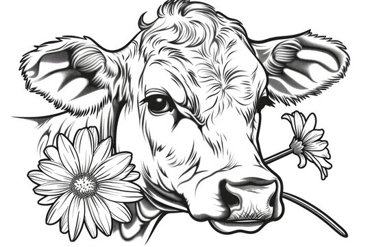recommend clip art: A cow with a flower in its mouth