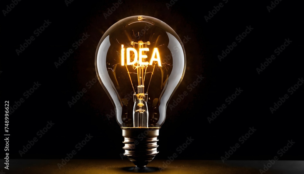 Poster a glowing lightbulb on a dark background with the word 'idea' illuminated in its filament. this conc