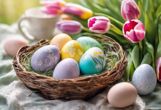 easter egg,religion, nest, spring, flower, colorful, placed, surrounded, egg, basket, springtime, ornate, decoration, image,multi-colored, celebration, tradition,