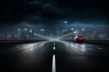 Empty dark street scene background with asphalt road for product display on textured wall background