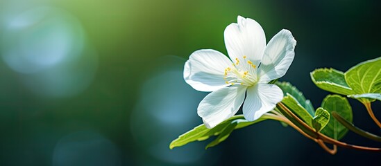 Obraz premium A white and yellow flower is in full bloom on a branch adorned with bright green leaves. The selective focus highlights the intricate details of the delicate petals and the lush green backdrop.