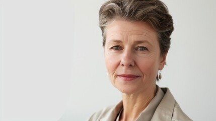 Woman with short grey hair, smiling, wearing light blouse, white background. Calm and confident.