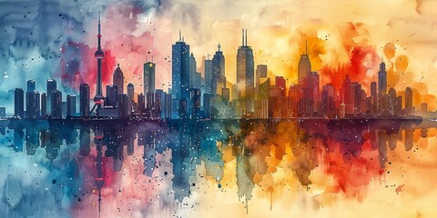 Hand Drawn Watercolor Illustration of Detroit Skyline with Famous Buildings Generative AI