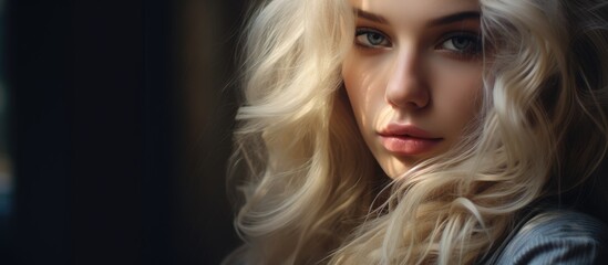 This close-up shot showcases a beautiful young woman with blonde hair. Her features are striking, highlighting her fair complexion and soft hair color.
