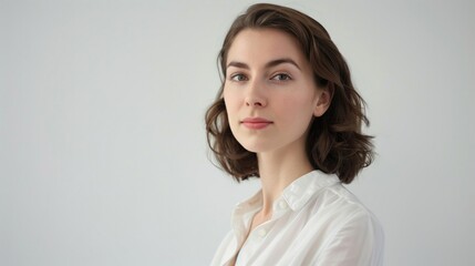 Portrait of young woman with brown hair, white shirt, soft makeup, looking at camera. Background is plain and light.