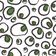 Seamless abstract textured pattern. Simple background black, green, white texture. Circles, dots, lines. Digital brush strokes. Design for textile fabrics, wrapping paper, background, wallpaper, cover