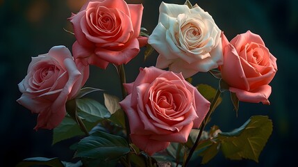 Close-up of five pastel blooming botanical roses on a dark background.