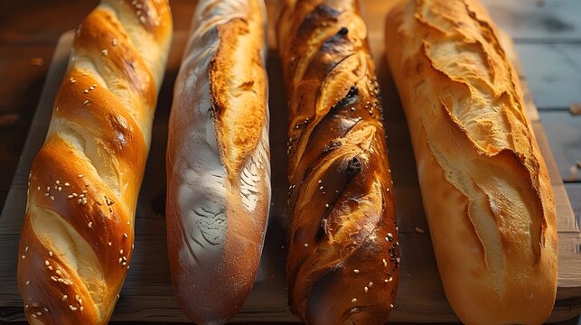 Baguette bread on a wooden surface