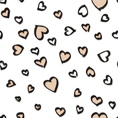 Seamless abstract celebrating pattern with hearts. Simple background in black, brown and white colors. Digital texture. Design for textile fabrics, wrapping paper, background, wallpaper, cover.