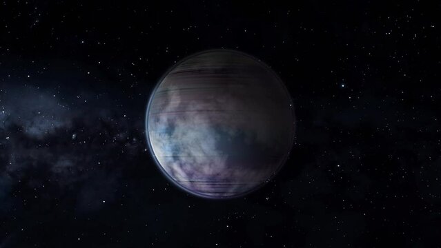 Realsitic blue and purple planet rotating in empty space