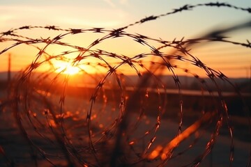 Barbed wire fence. security measures for intruder prevention in prisons and control facilities - obrazy, fototapety, plakaty