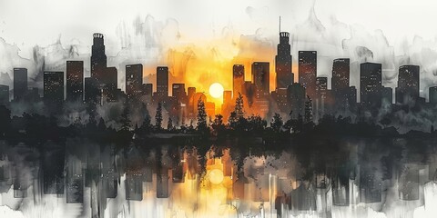Vibrant Watercolor Illustration of Los Angeles Skyline with Famous Buildings Generative AI - obrazy, fototapety, plakaty