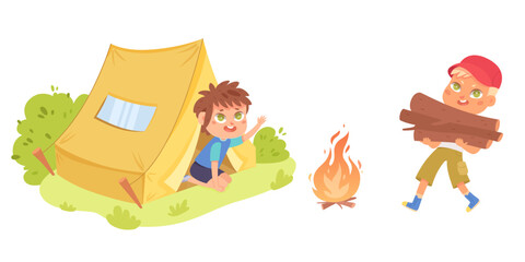 Children summer adventures in forest. Cartoon vector illustration isolated on white background. Cute camping kids live in tent and making bonfire