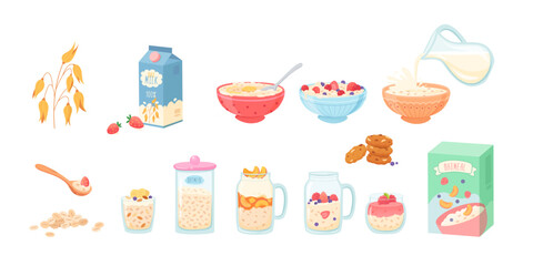 Oat products vector illustration set. Healthy breakfast. Carbohydrate icons. Natural products concept. Colorful oat food. Grain, cereal, muesli, oatmeal, milk, porridge with fruits
