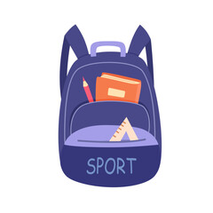 Children school backpack vector illustration. Cute blue kid back bag with books and stationery isolated on white. Cartoon stylish accessories. Back to school education concept