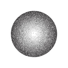 Radial grain pattern, pointillism vector illustration. Abstract circle with gradient stipple noise texture and dots gradation with circular spin effect, monochrome dotwork on white background