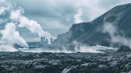 A geothermal energy plant harnesses renewable energy amidst steamy volcanic terrain - obrazy, fototapety, plakaty