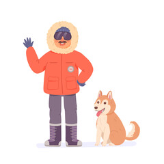 Arctic explorer with dog in north pole expedition vector illustration. Cartoon cute antarctic person scientist isolated on white. Global climate warming problem